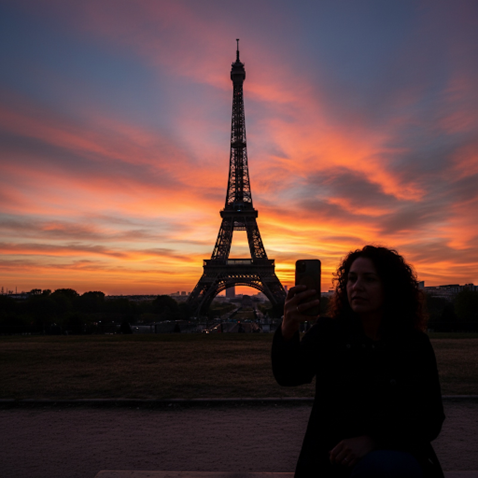 Backlit Eiffel Tower travel selfie with warmer sunset light