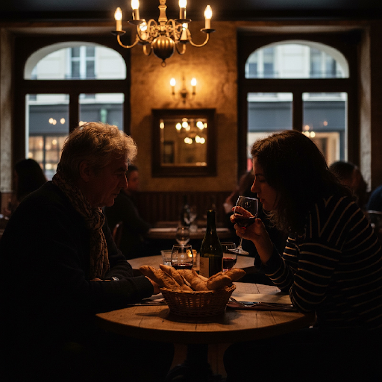 Low-light dinner table with warmer readable faces