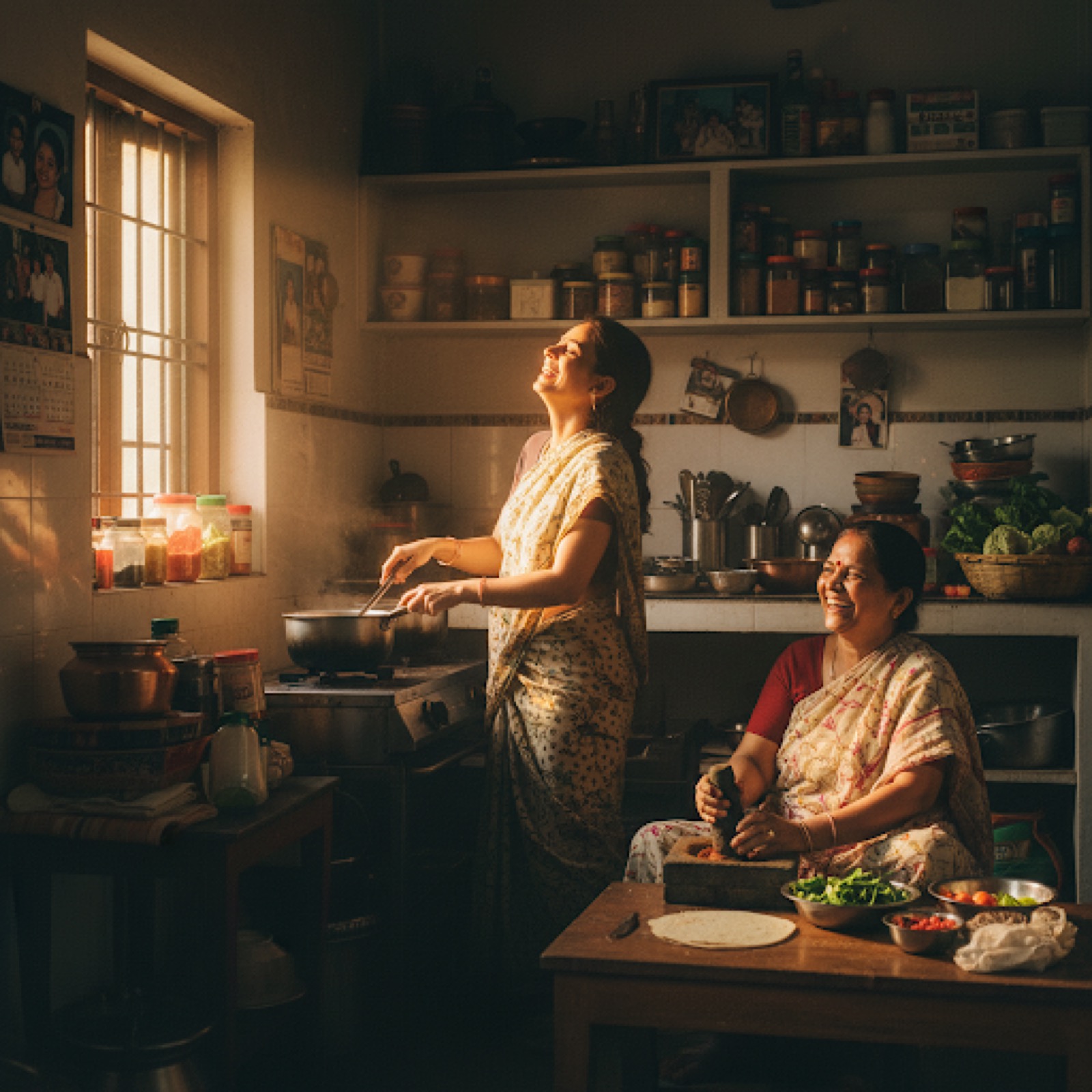 Family kitchen scene with warmer readable light