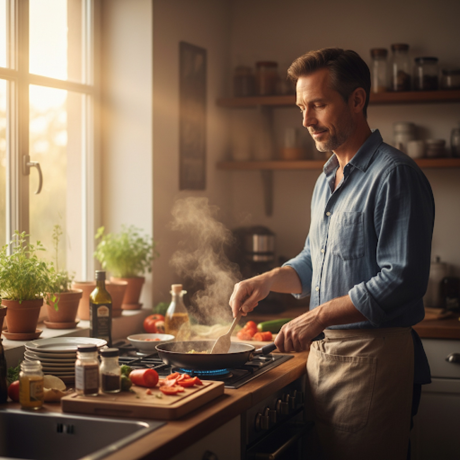 Man cooking dinner in warm kitchen light
