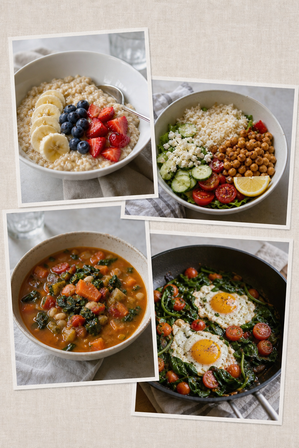 SelfMosaic food diary collage with oatmeal, rice bowl, vegetable soup, and spinach egg skillet