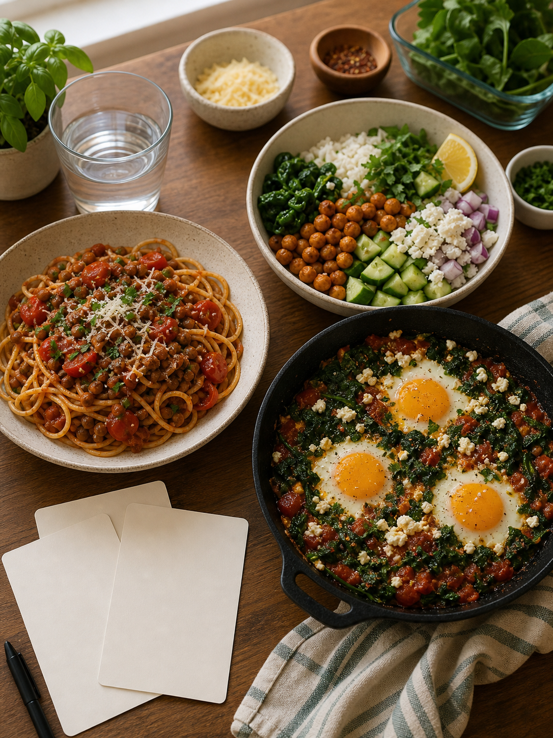 Saved-meal board with three simple home-cooked meal notes and blank cards